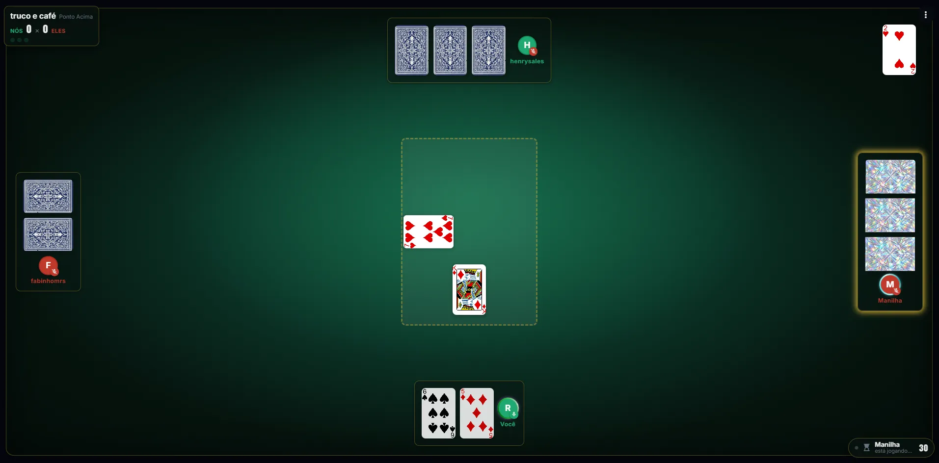 Mesa de truco 2v2 em jogo, com os jogadores ao redor e o indicador de voz em cada assento